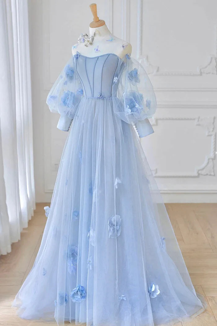 Blue Tulle Long A-Line Unique Design Full Of Charm Prom Dresses