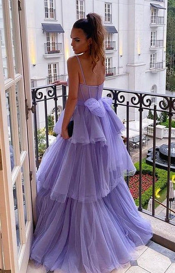 Tiered Lavender Bustier Bow-Back Long Appropriate Color Matching Prom Dress