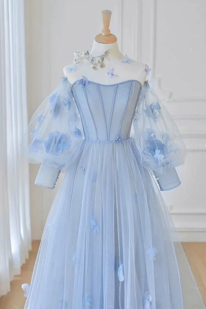 Blue Tulle Long A-Line Unique Design Full Of Charm Prom Dresses