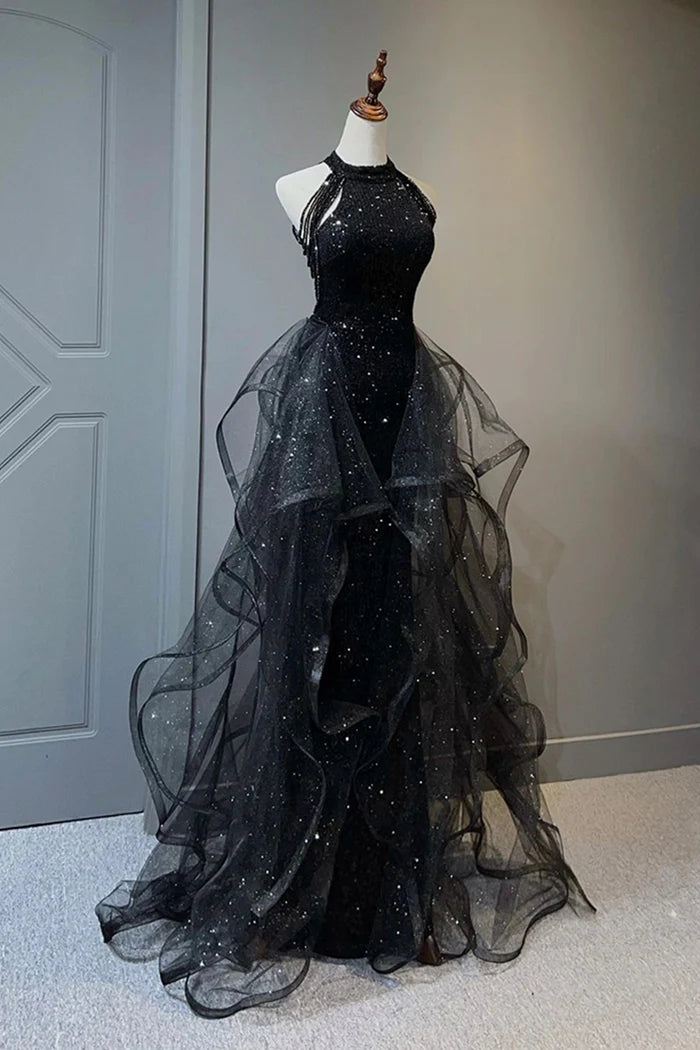 Black Shiny Tulle Long Unique Design Full Of Charm Party Dresses