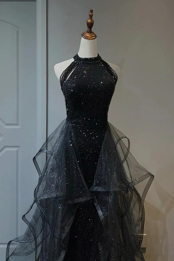 Black Shiny Tulle Long Unique Design Full Of Charm Party Dresses