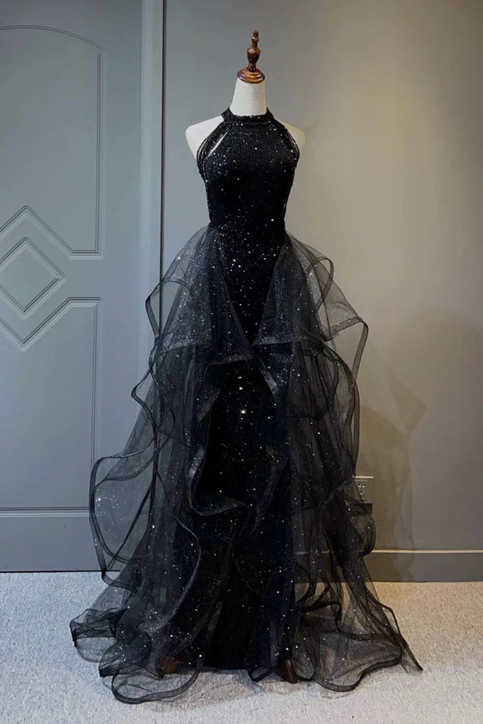 Black Shiny Tulle Long Unique Design Full Of Charm Party Dresses