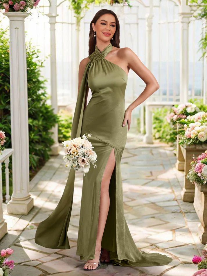 Sheath/Column Asymmetrical High Neck Ruched Long Unique design Evening Dresses