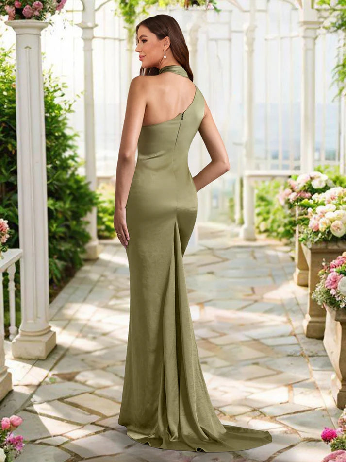 Sheath/Column Asymmetrical High Neck Ruched Long Unique design Evening Dresses