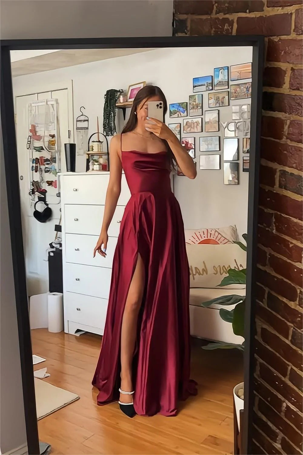 A Line Spaghetti Straps Burgundy Long Full Of Charm Prom Dress