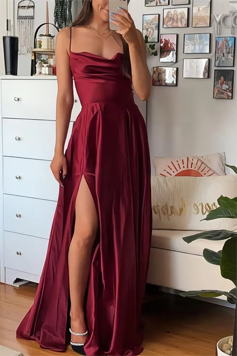 A Line Spaghetti Straps Burgundy Long Full Of Charm Prom Dress