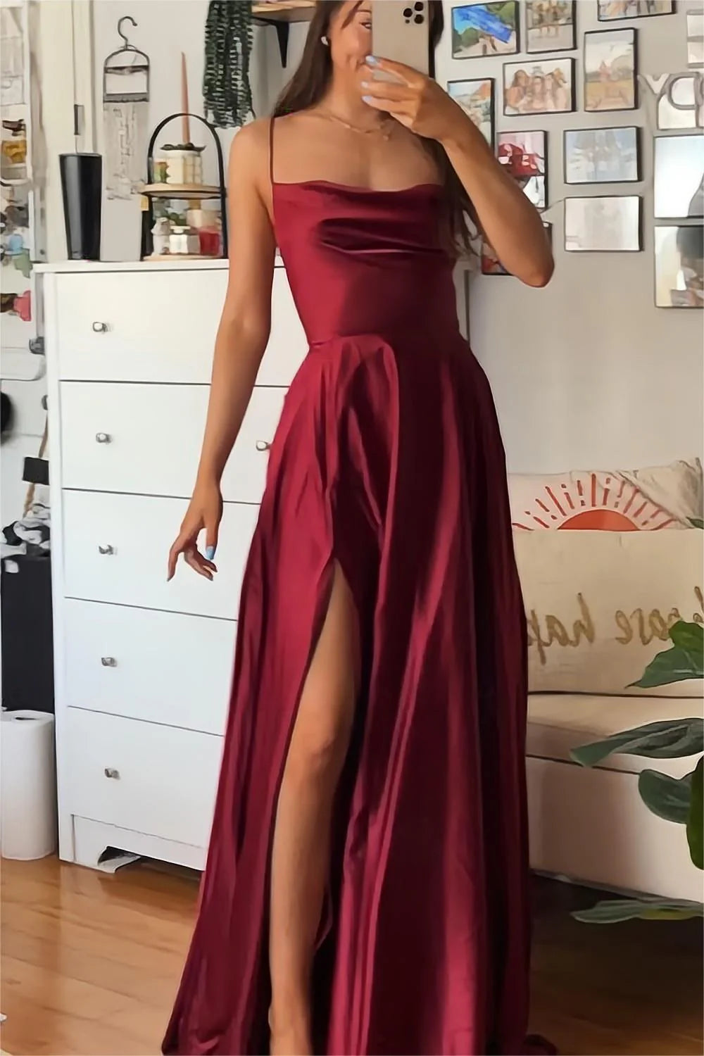 A Line Spaghetti Straps Burgundy Long Full Of Charm Prom Dress