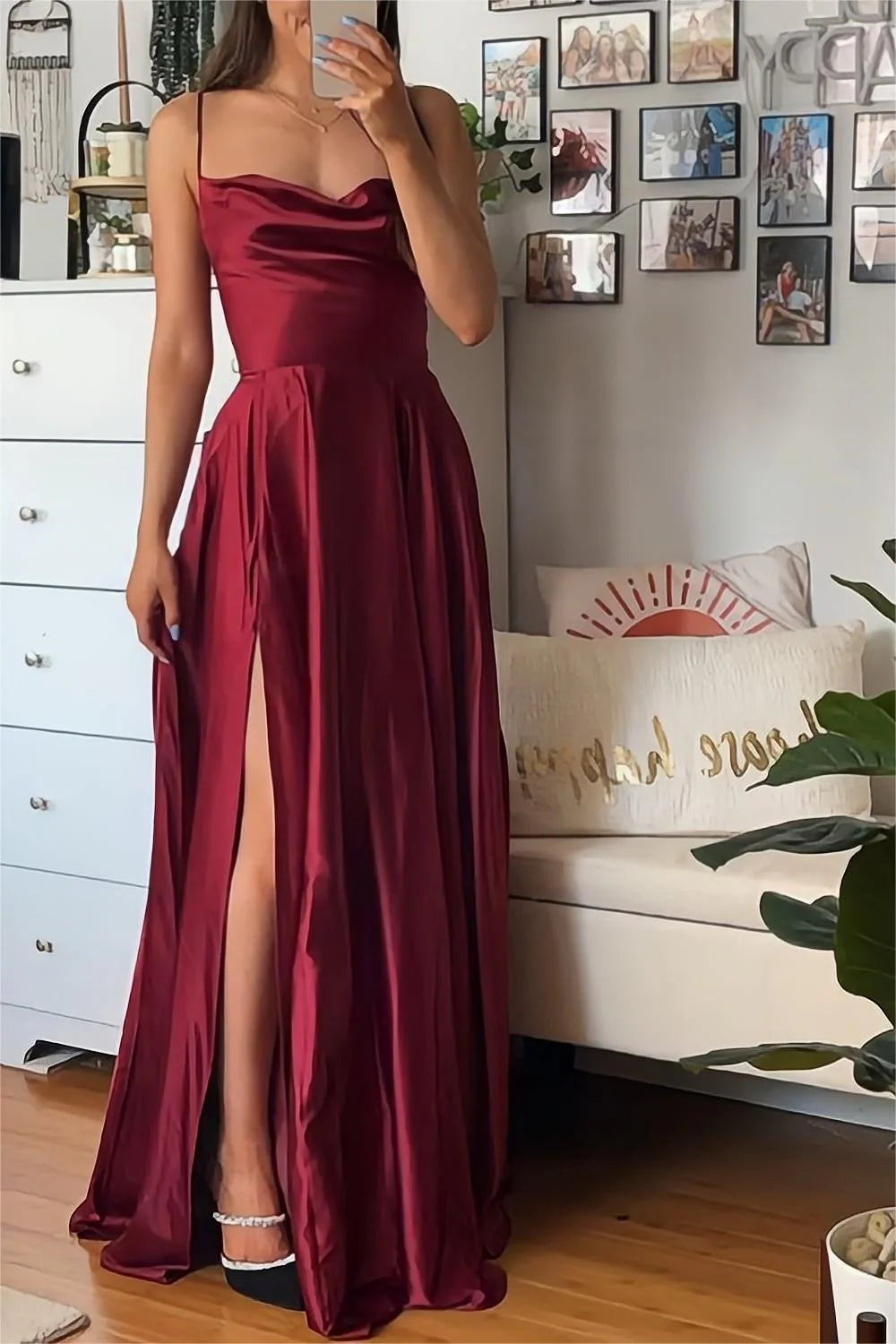 A Line Spaghetti Straps Burgundy Long Full Of Charm Prom Dress
