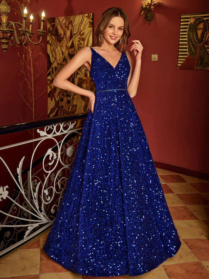 Princess V-Neck Long Retract Your Waist Plunge V Prom Dresses