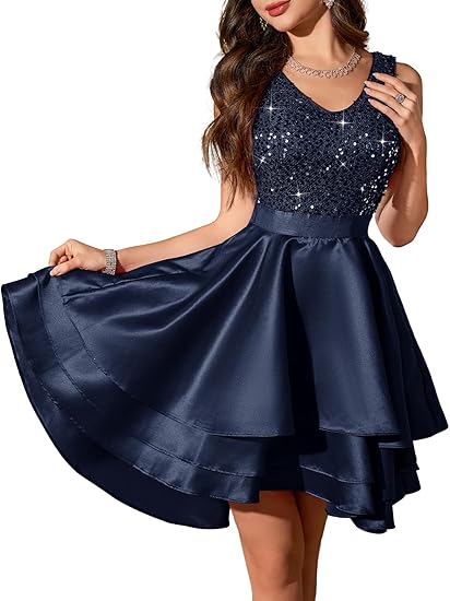 V Neck A-line High Low Satin Formal Homecoming Dresses