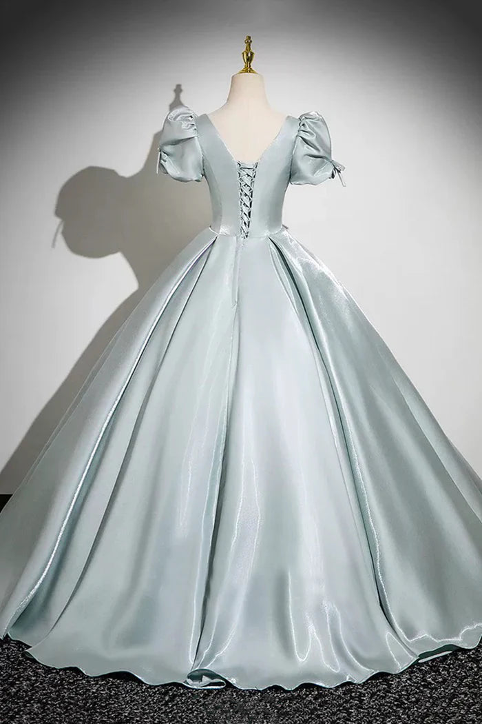 Gray Green Satin Long Unique Design Full Of Charm Prom Dresses