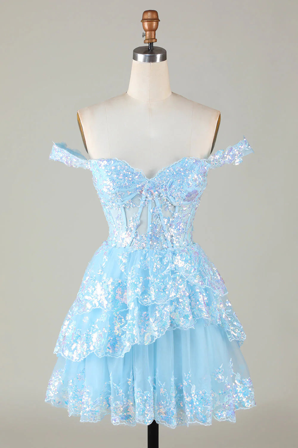 Sparkly Blue Corset Tiered Lace A-Line Short  Full Of Charm Homecoing Dress
