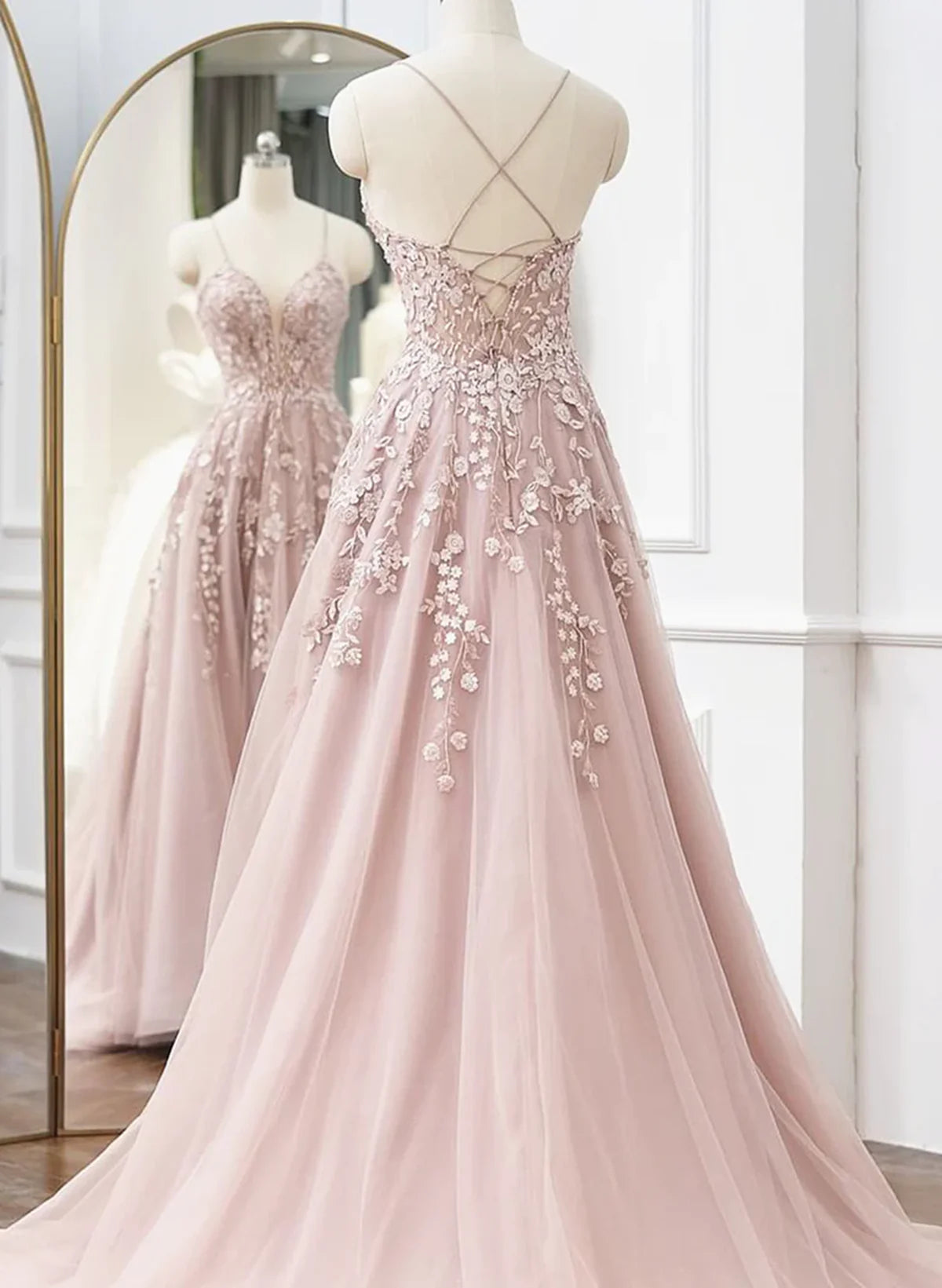 Pink Tulle with Lace Straps Long Full Of Charm Prom Dress