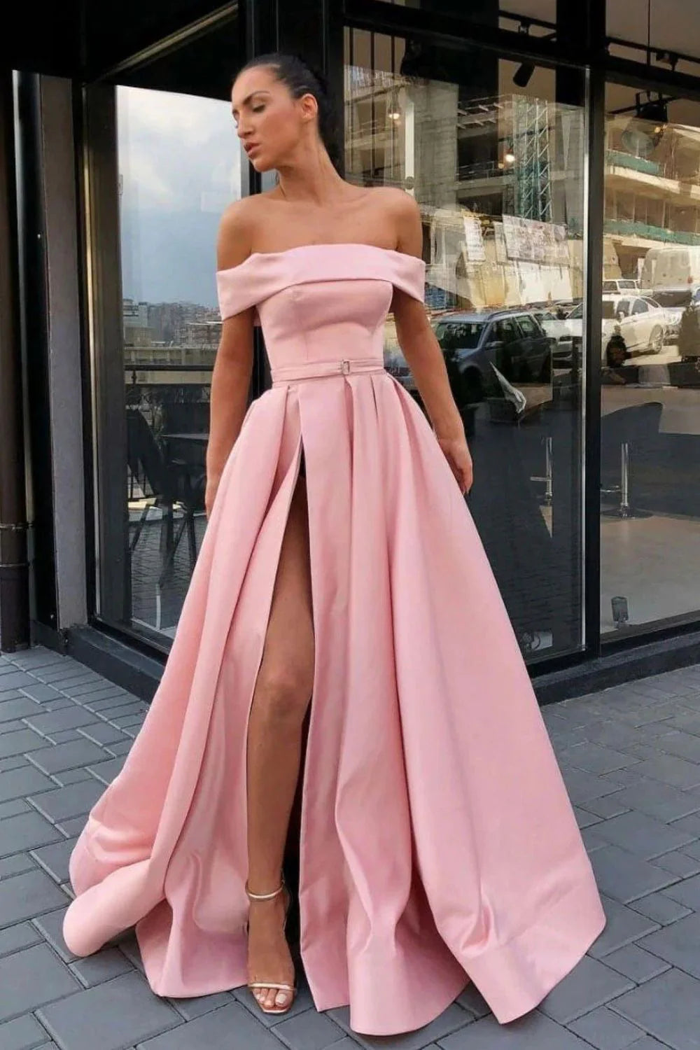 Charming A Line Off the Shoulder Pink Long Full Of Charm Prom Dress