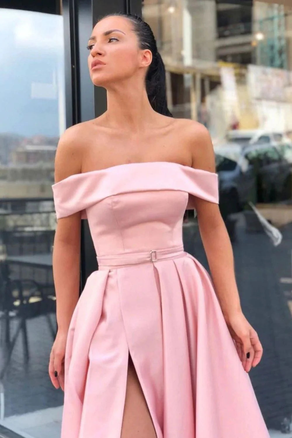 Charming A Line Off the Shoulder Pink Long Full Of Charm Prom Dress