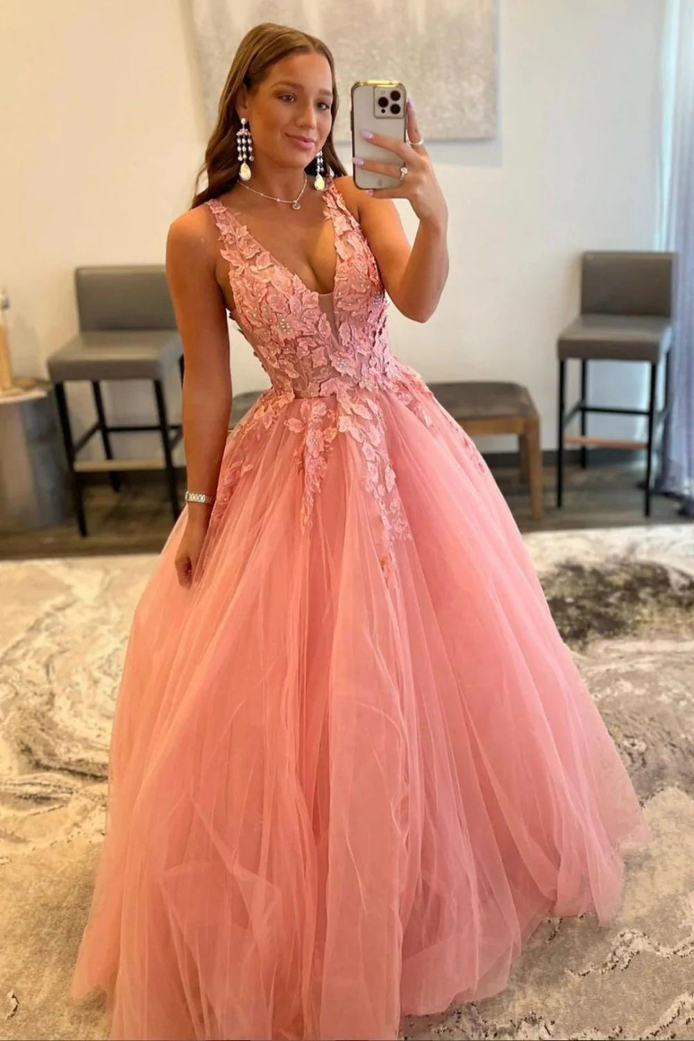 Princess A Line V Neck Pink Long Full Of Charm Prom Dress