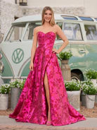 Stylish A Line Sweetheart Fuchsia Jacquard Sa Retract Your Waist Party Dress