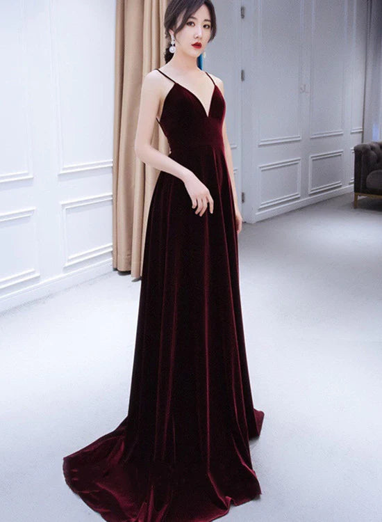 Beautiful V-neckline Straps Wine Red Velvet Long Full Of Charm Prom Dress
