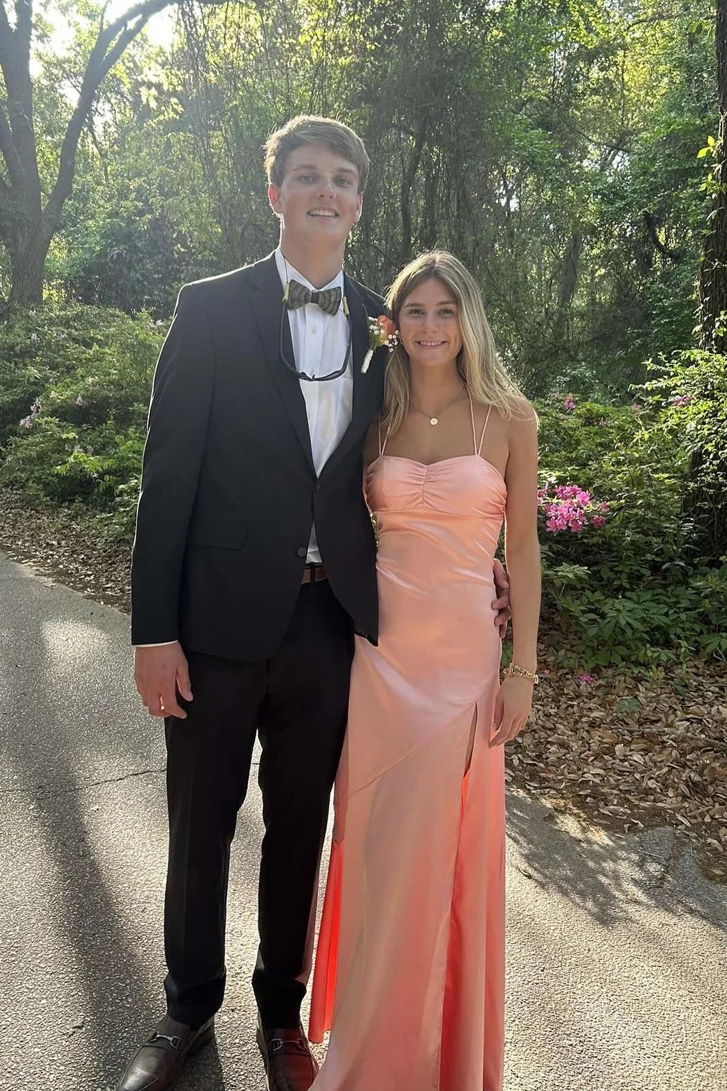 Double Straps Peach Ruched Long Unique Design Full Of Charm Prom Dresses