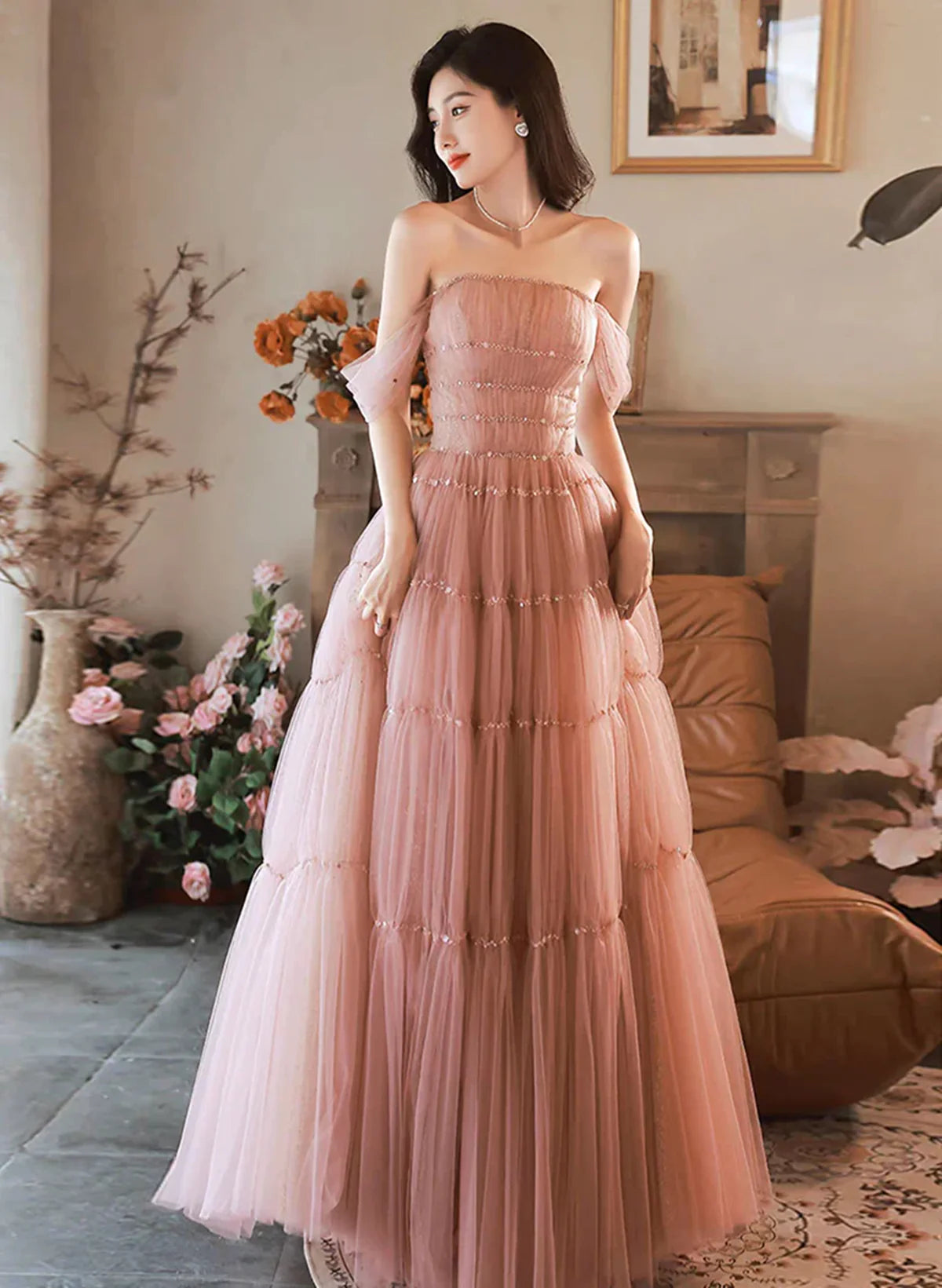 Pink Tulle Floor Length Beaded Long Full Of Charm Prom Dress