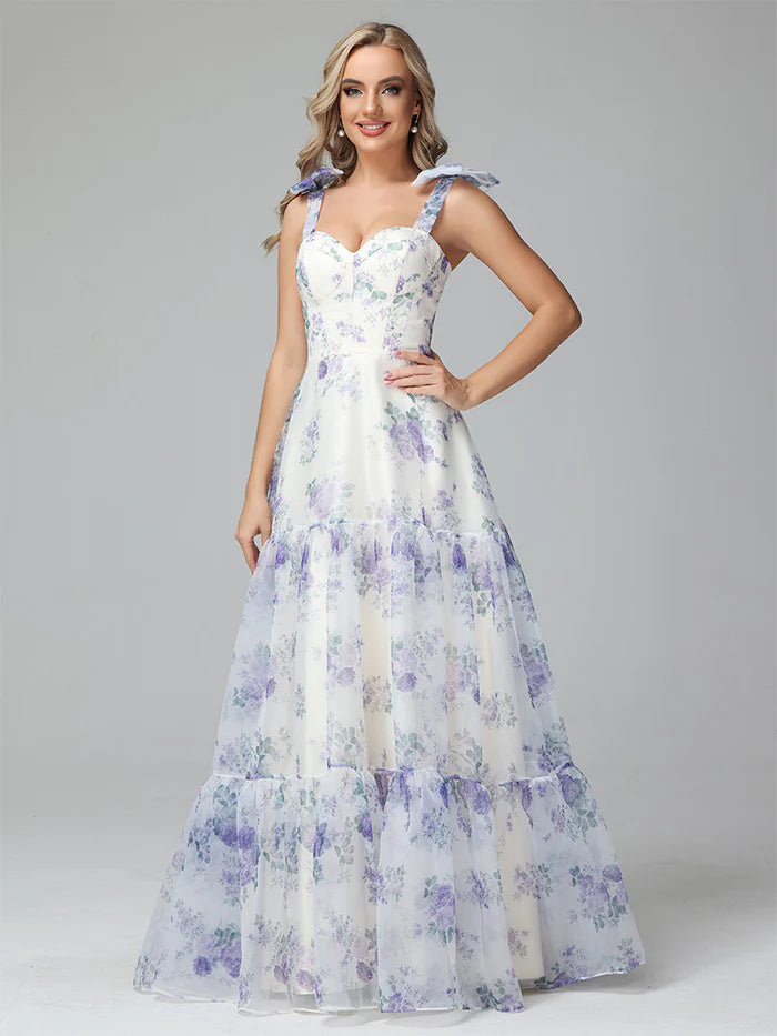 Floral Print Lace Up Floor Length Full Of Charm Party Dresses