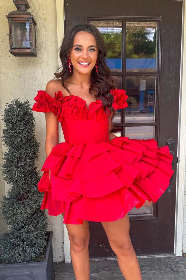 Cute A Line Off the Shoulder Red Satin Short Full Of Charm Homecoming Dress