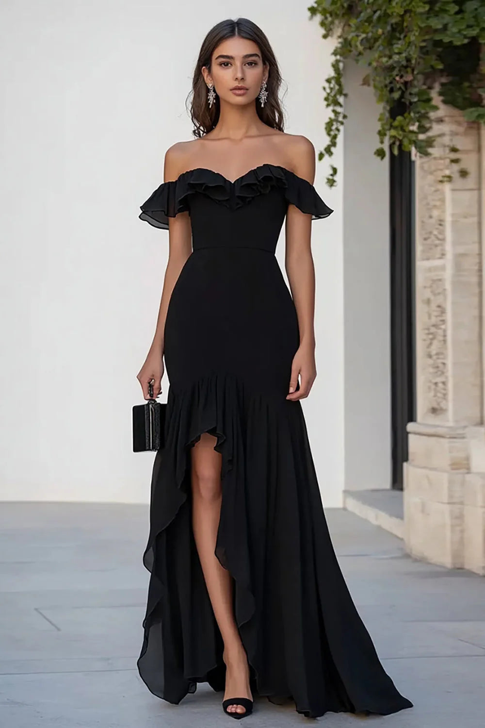 Black Chiffon Off the Shoulder Long Mermaid Full Of Charm Evening Dresses