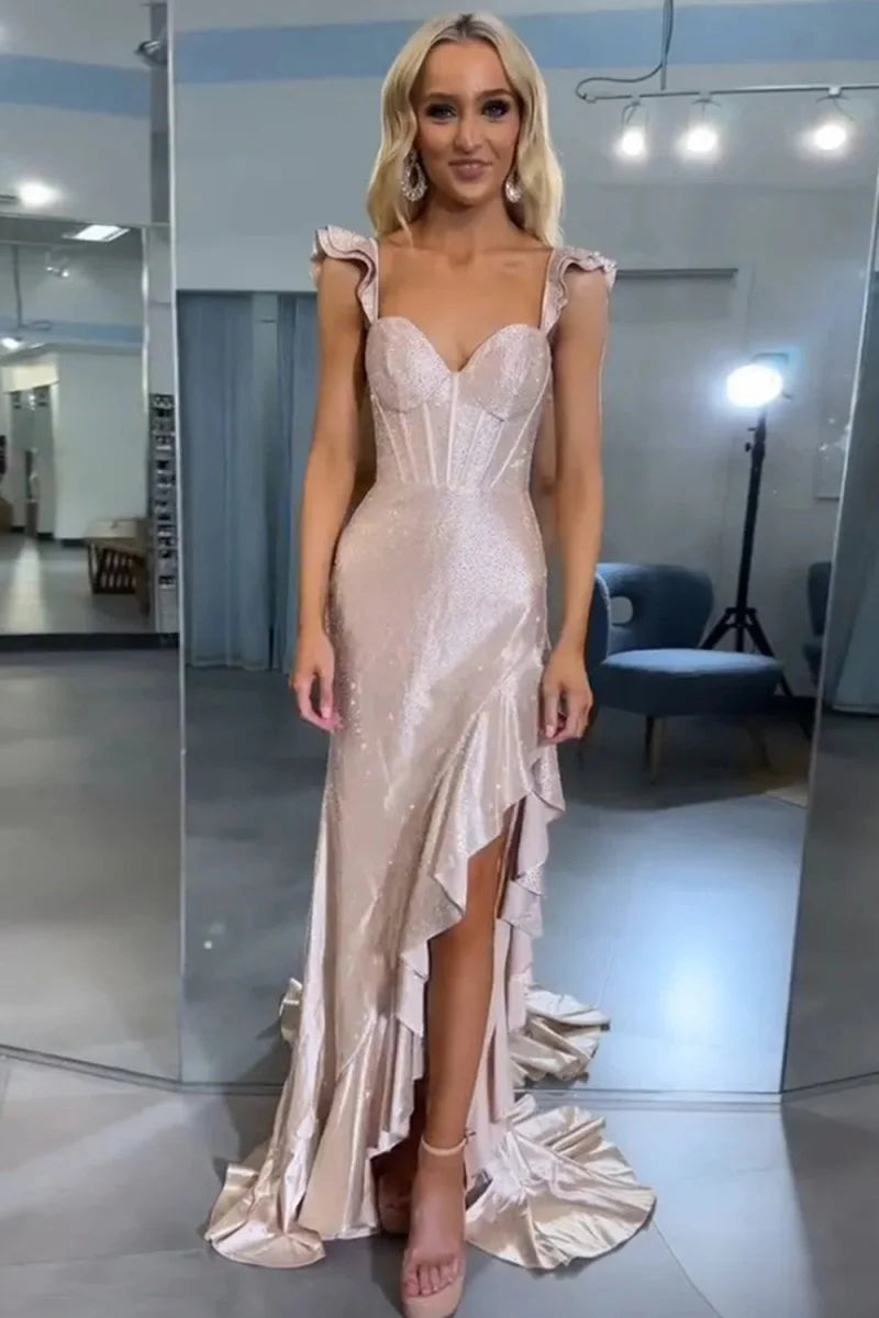 Mermaid Yellow Spaghetti Straps Satin Beaded Long   Formal Prom Dress