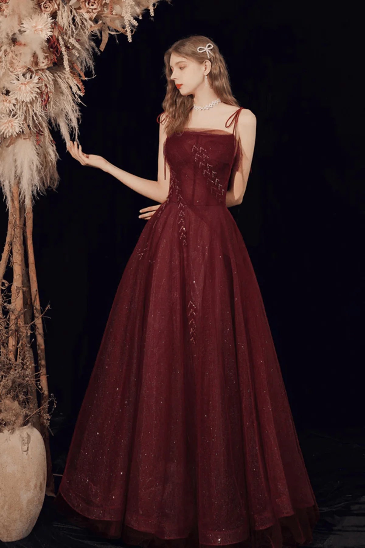 Wine Red Straps Tulle Beaded Long Full Of Charm Prom Dress