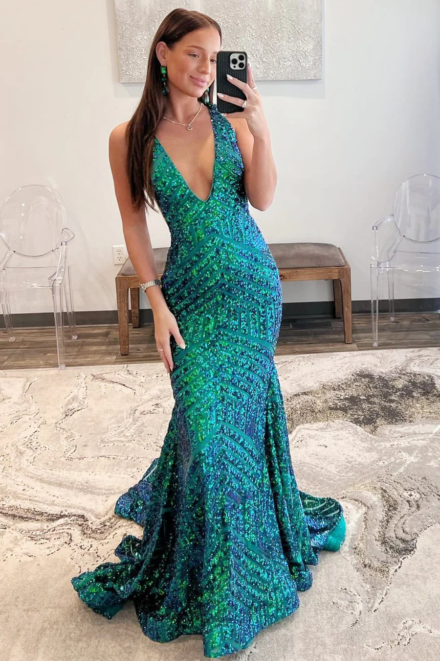 Plunging V-Neck Sequins Sleeveless Mermaid Long Evening Prom Dress
