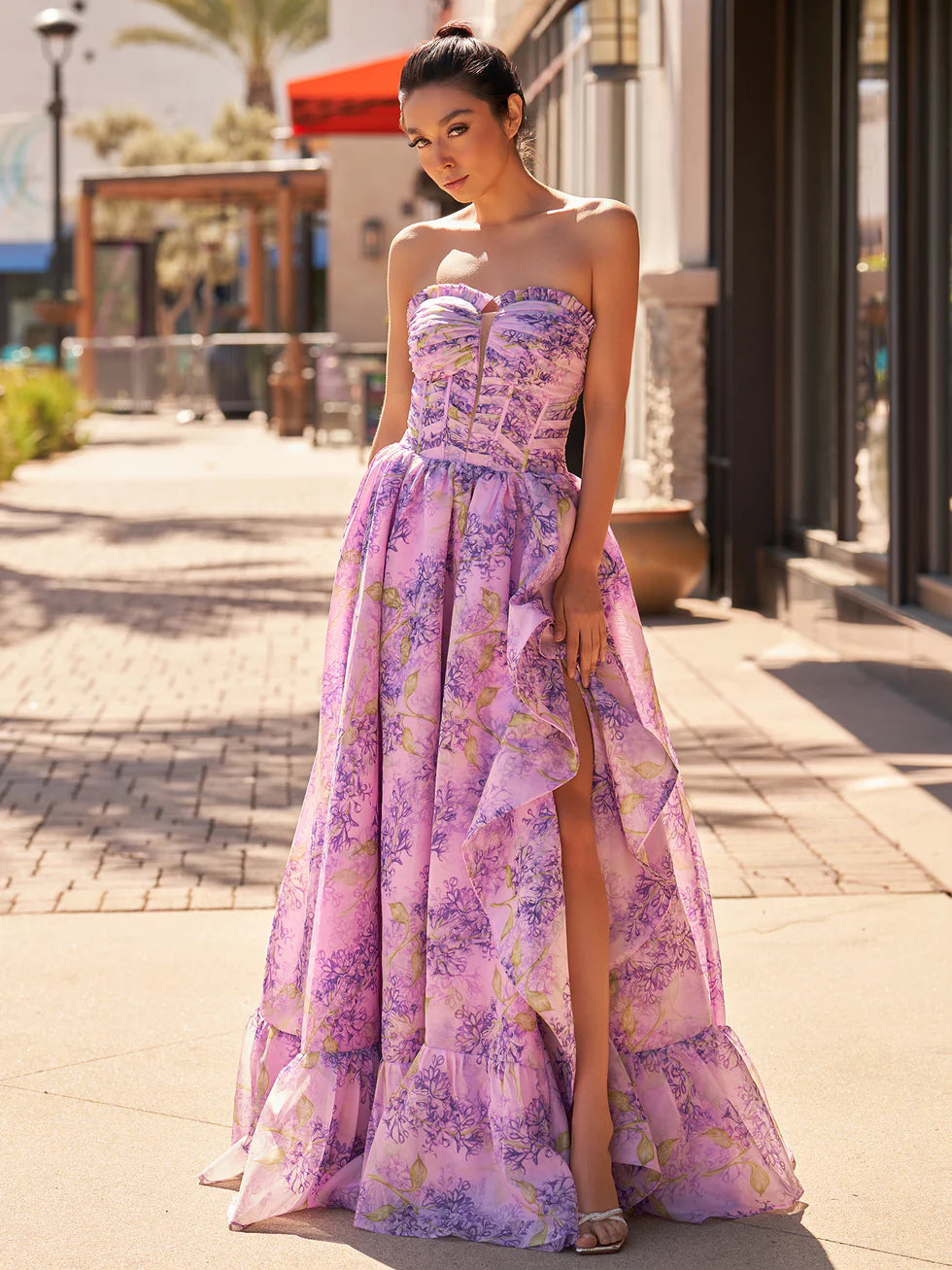 Lilac A-Line Corset Detachable Sweetheart Floral Long Party Dress