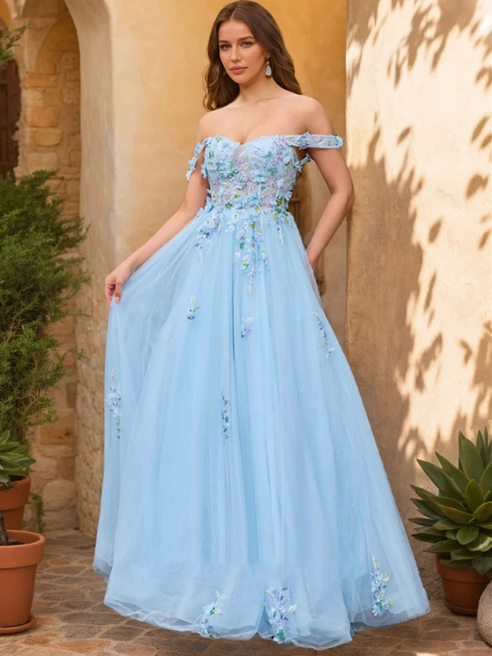 Ball Gown Off the Shoulder Short Sleeves Applique Evening Dresses