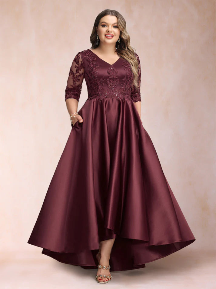 A-Line/Princess V-Neck 3/4 Sleeves Asymmetrical Plus Size Mother of the Bride Dresses