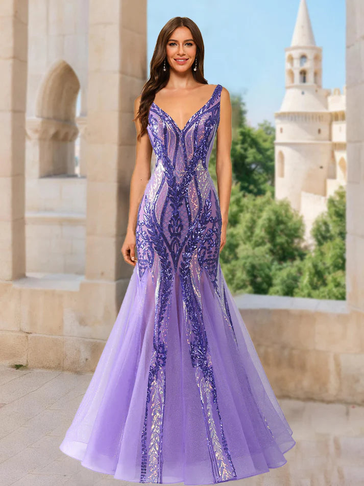 Trumpet/Mermaid V-Neck Sleeveless Sequins Unique Design Prom Dresses