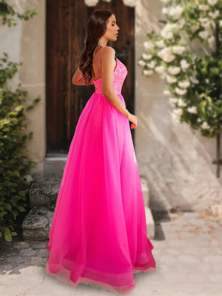 A-Line/Princess V-Neck Sleeveless Sequins Unique Design Prom Dresses