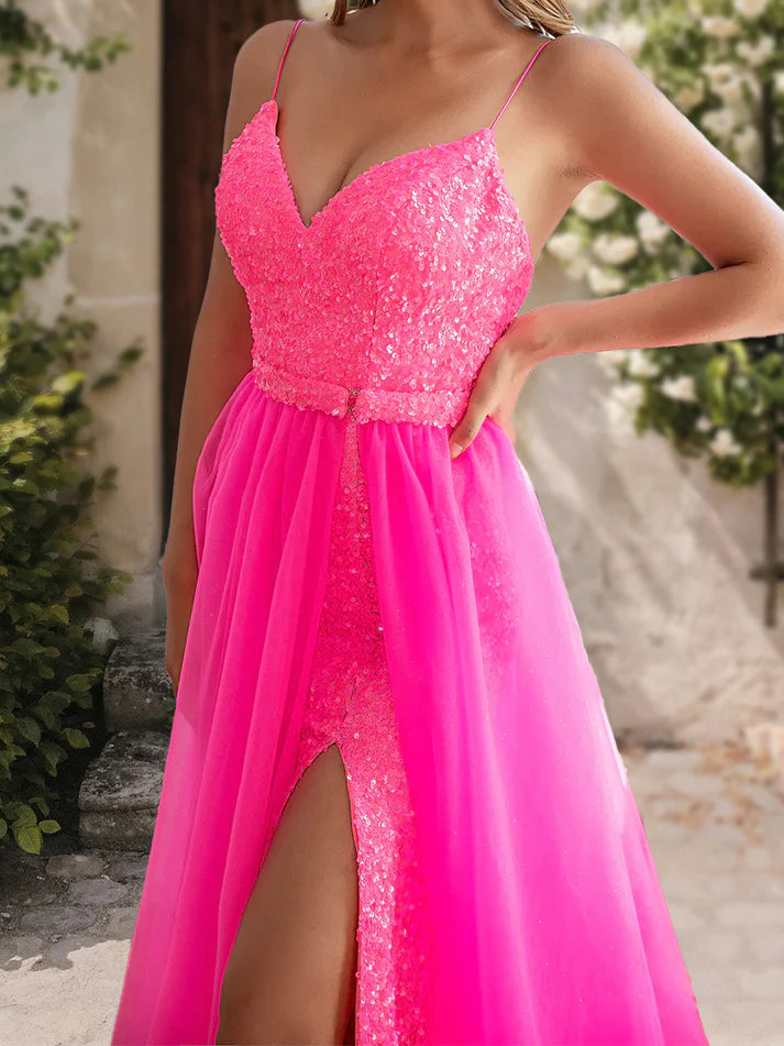 A-Line/Princess V-Neck Sleeveless Sequins Unique Design Prom Dresses