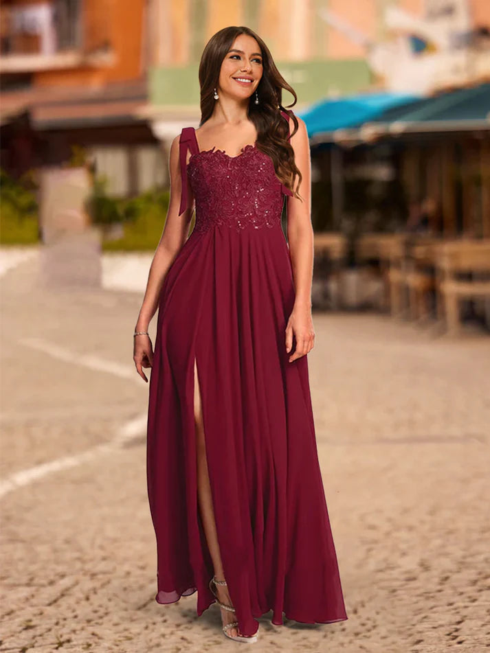 A-Line/Princess Tie Straps Sweetheart Long Prom Dresses