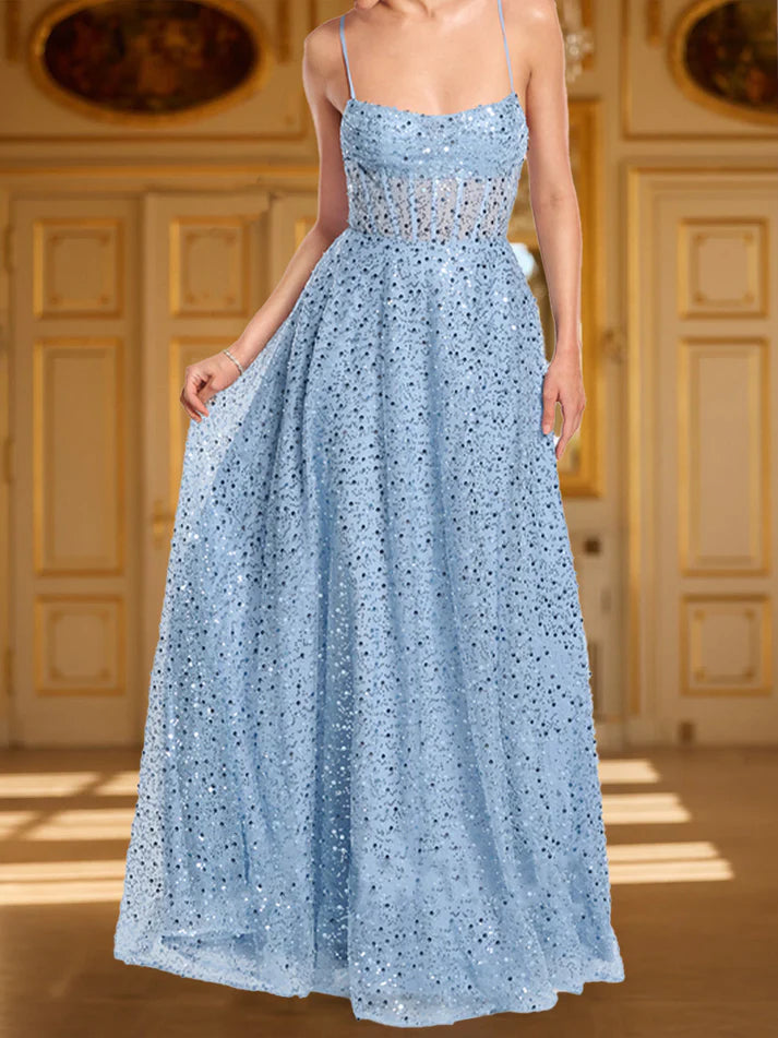 A-Line/Princess Straps Cowl Neck Sequin Prom Dresses