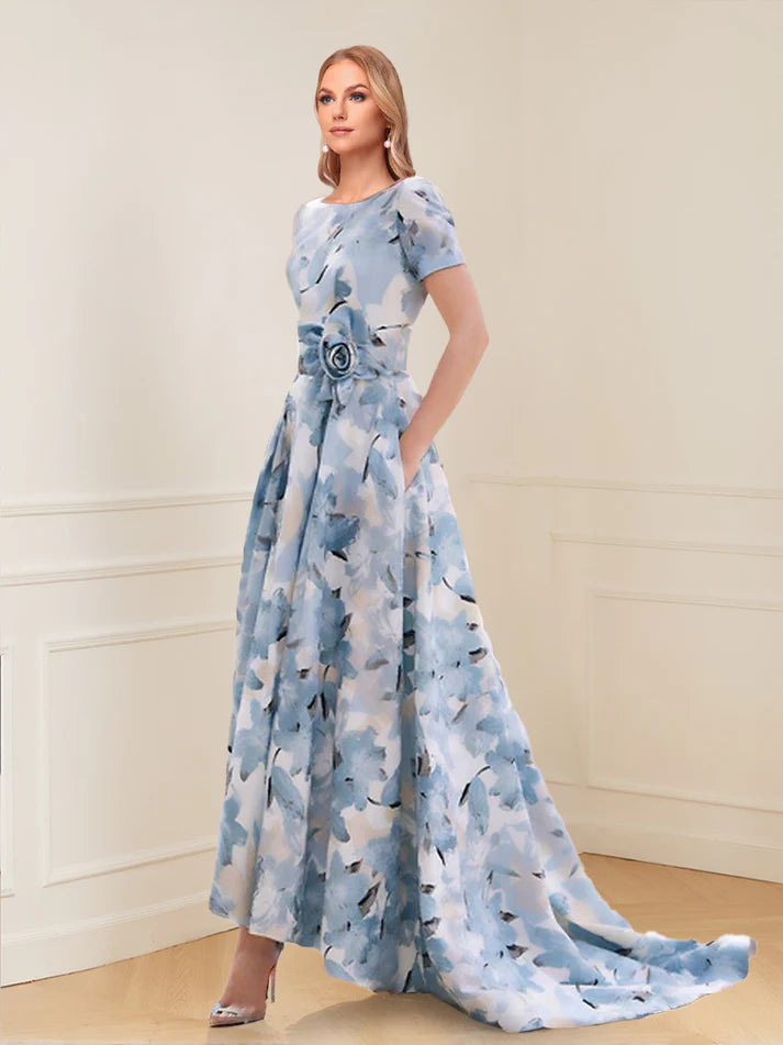 Princess Scoop Short Sleeves Printed Floral Mother of the Bride Dresses