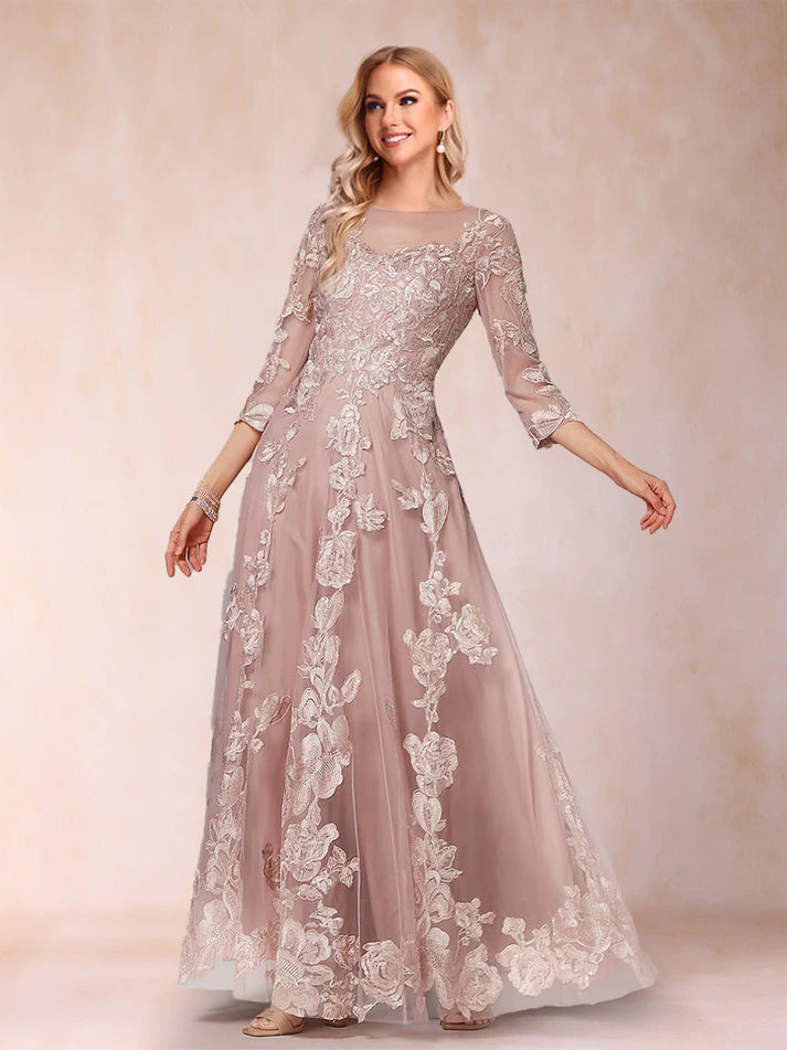 Princess Illusion Scoop Floor-Length 3/4 Sleeves Mother of the Bride Dresses