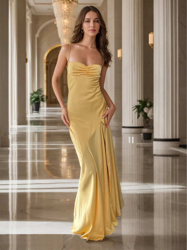 Column Spaghetti Straps Pleated Maxi Dresses Long Party