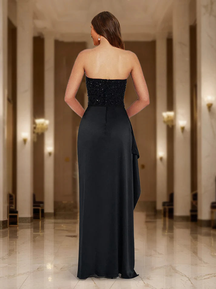 Column Strapless Sequin Bodice Ruffle Party Dresses Long Prom Dresses