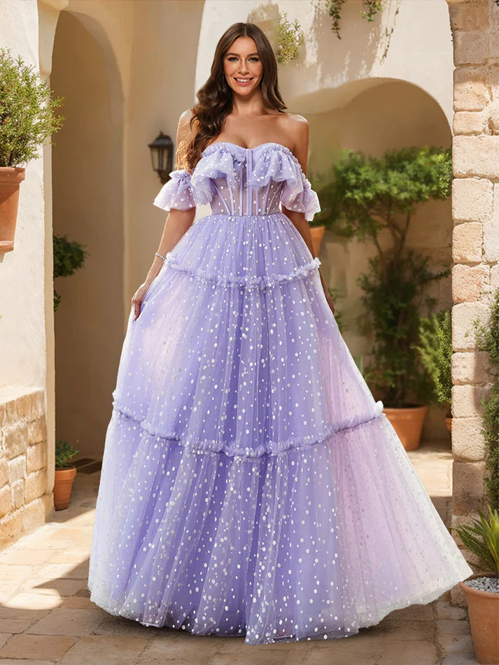 Princess Off-the-Shoulder Sheer Corset Ruffled Tulle Prom Dresses