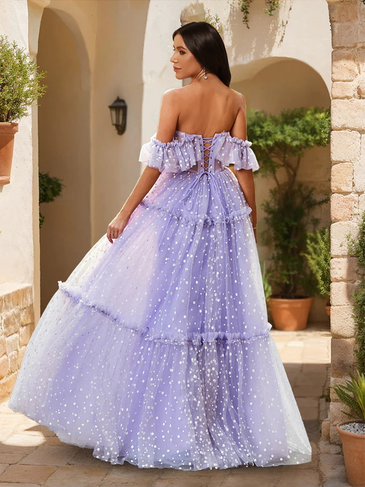 Princess Off-the-Shoulder Sheer Corset Ruffled Tulle Prom Dresses