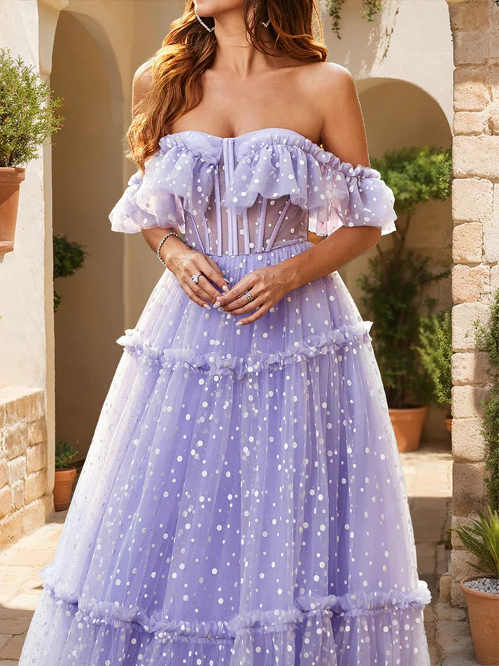 Princess Off-the-Shoulder Sheer Corset Ruffled Tulle Prom Dresses