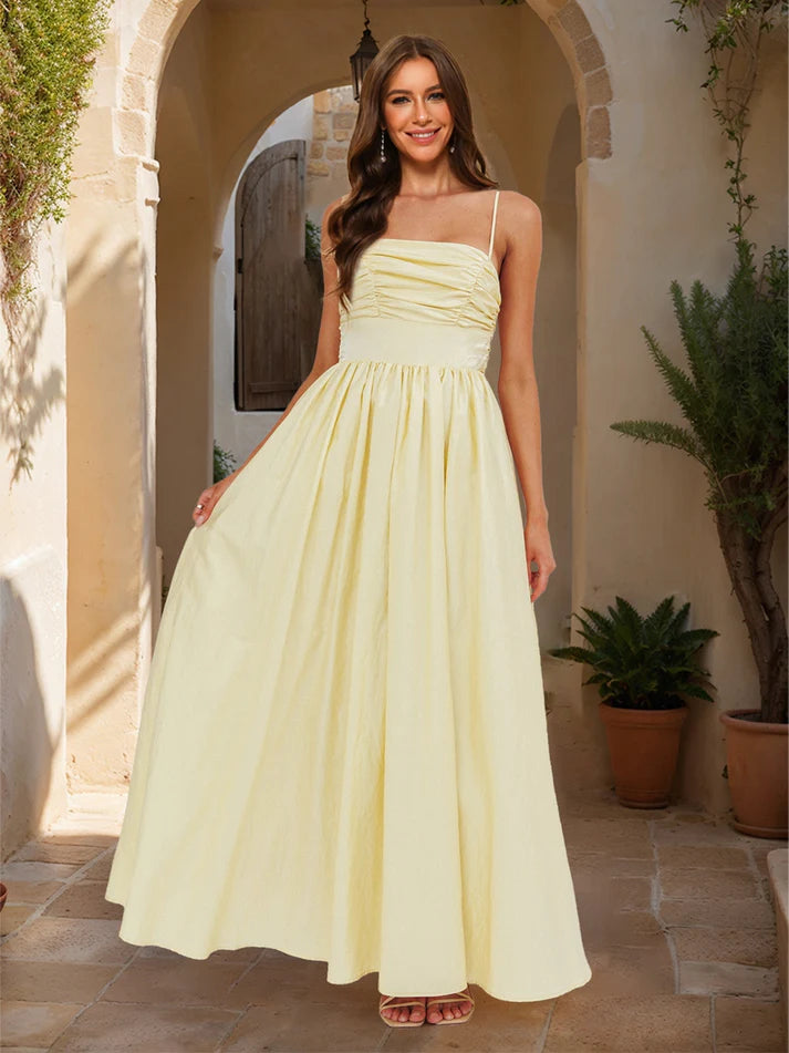 Princess Straps Pleated Bow Back Maxi Dresses Long Prom Dresses