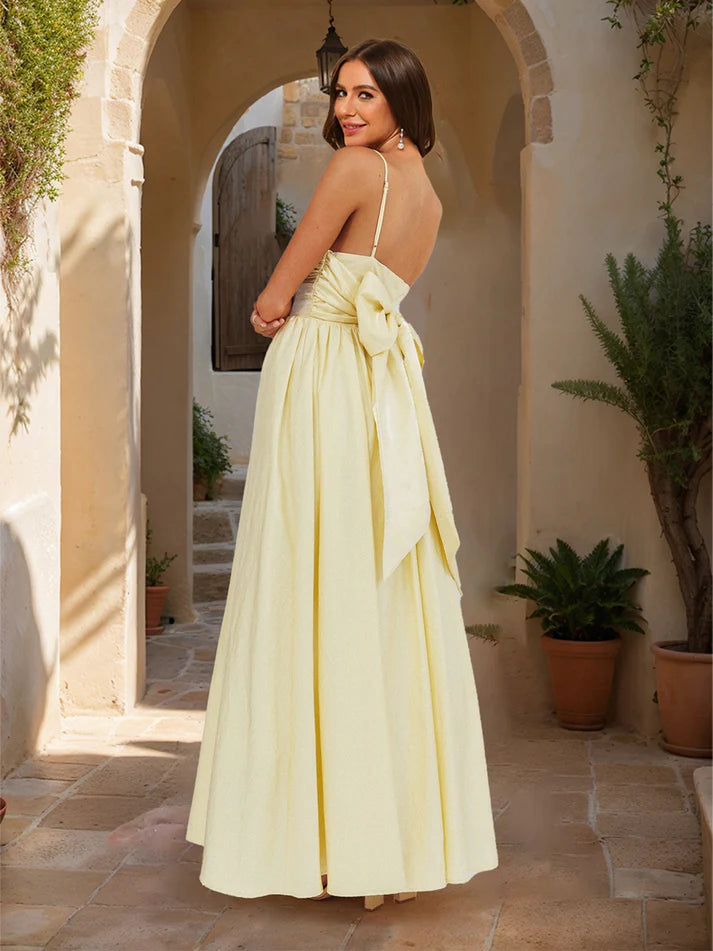 Princess Straps Pleated Bow Back Maxi Dresses Long Prom Dresses