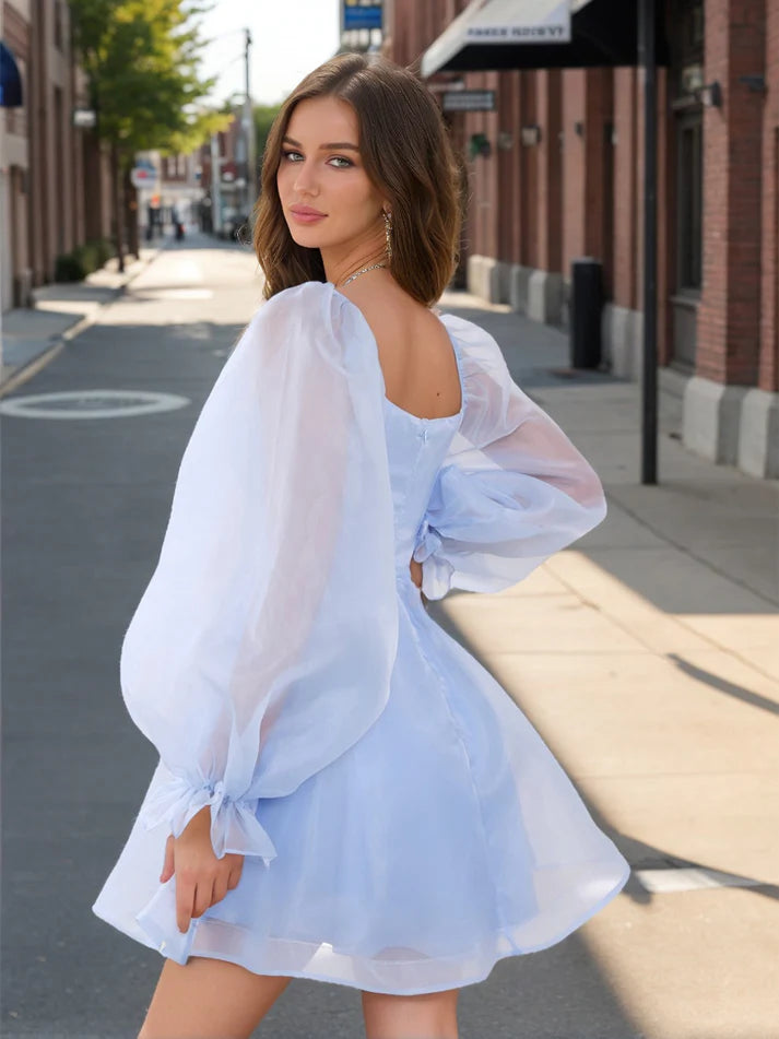 A-Line/Princess Cowl Neck Puff Sleeves Short Homecoming Dresses