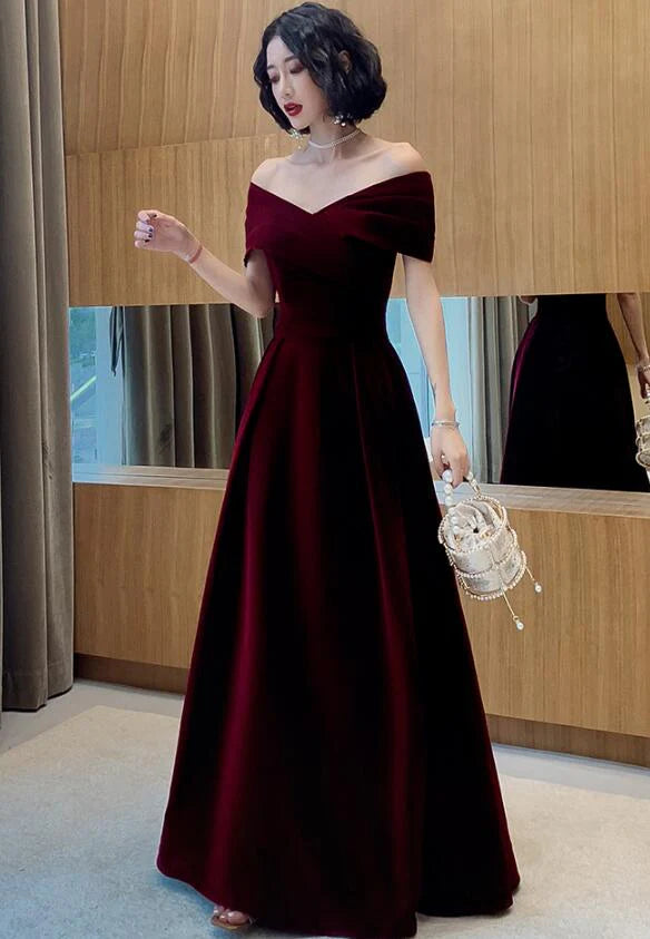 Beautiful Dark Red Velvet Off Shoulder Full Of Charm Prom Dress