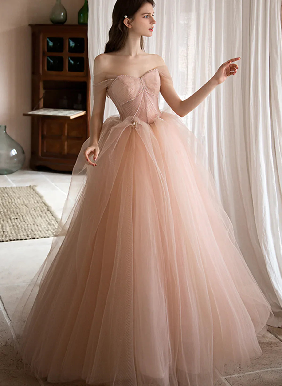 Gorgeous Pink Tulle Off Shoulder Full Of Charm Prom Dress